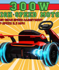 Rear view of K61 Electric Go Kart For Kids 6-12 with 300W motor and glowing wheels, highlighting speed features, red color.