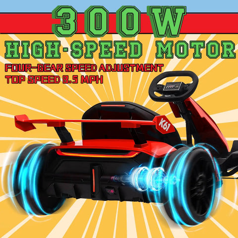 Rear view of K61 Electric Go Kart For Kids 6-12 with 300W motor and glowing wheels, highlighting speed features, red color.