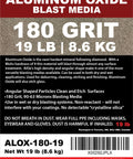Aluminum Oxide Fine Sand Blasting Media 19 Pounds For Cabinets And Guns Hard Sharp Grit For Metal And Glass Surface Prep Long Lasting Reusable Abrasive With No Detectable Crystalline Silica packaging showing 180 grit and usage details.