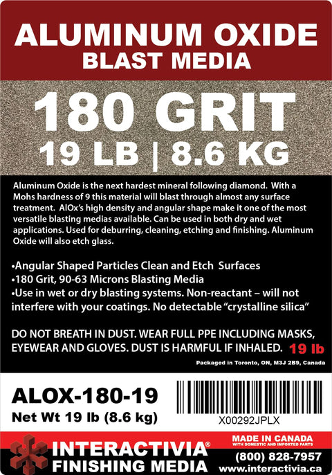 Aluminum Oxide Fine Sand Blasting Media 19 Pounds For Cabinets And Guns Hard Sharp Grit For Metal And Glass Surface Prep Long Lasting Reusable Abrasive With No Detectable Crystalline Silica packaging showing 180 grit and usage details.