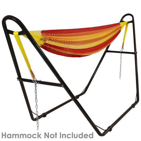 Heavy Duty Outdoor Hammock Stand For 9 To 14 Foot Hammocks, Bronze Finish, 550 Pound Capacity, side view with chains