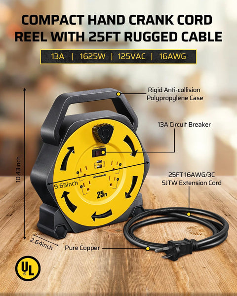 Heavy Duty Cord Reel With Four Outlets And Two USB Ports, 25-Foot Retractable Extension Cord, 16/3 Cable, 13A Breaker