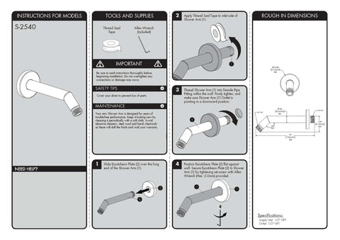 Installation instructions for Neo Shower Arm and Flange 7 Inch Polished Chrome Finish Brass Construction with dimensions and specifications.