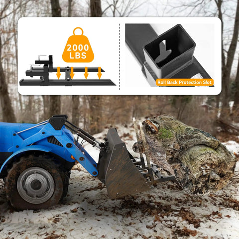 Clamp-On Pallet Forks For Skid Steers, 60 Inch, 2000 Lbs Capacity lifting a large tree stump with adjustable stabilizer bar visible.