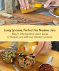 Pro Chef Grade Stainless Steel Measuring Cups And Spoons Set Of 12 For Dry And Liquid with long handles getting spices from jar
