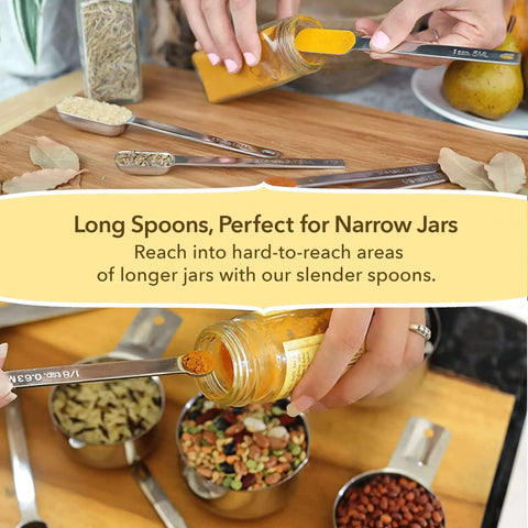 Pro Chef Grade Stainless Steel Measuring Cups And Spoons Set Of 12 For Dry And Liquid with long handles getting spices from jar