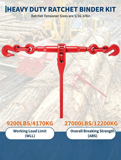 Four 20-Foot Chain And Ratchet Binder Kit For Truck And Trailer Cargo Tie-Downs Includes Four Heavy Chains And Four Adjustable Ratchet Binders In 1/4 To 1/2 Inch Range Built To Strap Down And Secure Loads Like A Pro On The Go. Red ratchet binder for logs, 5/16-3/8in
