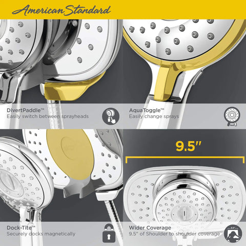 Close-up of Spectra Plus Duo 4 Function 2 In 1 Handheld And Fixed Shower Head 1.8 GPM Polished Nickel detailing spray modes and coverage.