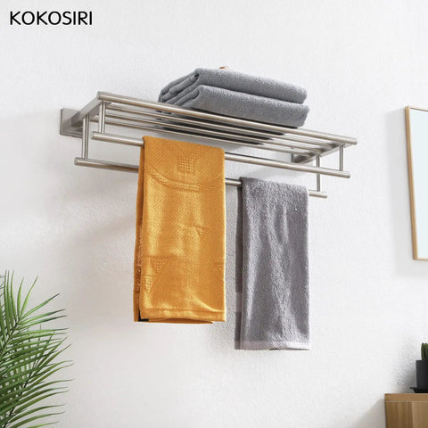 20 Inch Towel Rail And Shelf With Double Towel Bars For Bathroom Wall Mounted Towel Rack In SUS 304 Stainless Steel With Brushed Nickel Finish