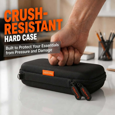 Compact Hard Shell Zipper Case For Portable Electronics Featuring Secure Lockdown Storage And Sleek Exterior Designed For Everyday Carry And Grab And Go Gadget Stashing. Man's hand pressing down on a black hard case zipper bag.