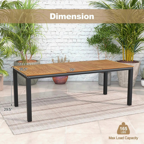 Acacia Wood Outdoor Dining Table For Eight With Umbrella Hole Metal Legs And Adjustable Foot Pads 79 Inch