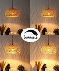 Plug In Pendant Light With Rattan Woven Lampshade And Hemp Rope Cord, dimmable switch brightness levels displayed.