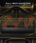 Slick Retro Typewriter Keyboard 108 Keys With Clicky Blue Switches And Yellow Backlight on black desk with anti-ghosting effect.