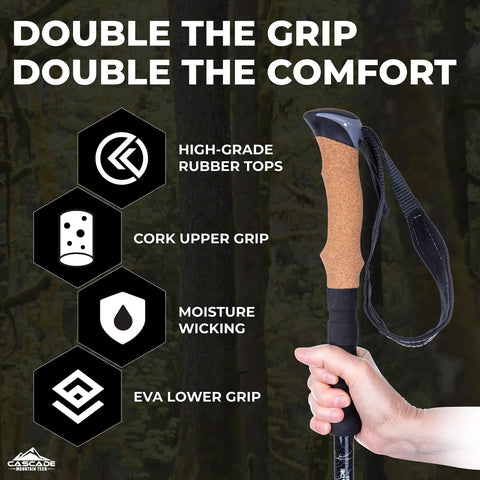 Hand holding lightweight aircraft grade aluminum trekking pole with extended cork grip, featuring grip technology icons.