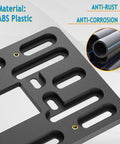 Universal Front License Plate Bracket Mount Kit With Anti Theft Stainless Steel Screws And Bolt Caps For Cars Without Pre Drilled Holes Easy Install Front Bumper Tag Adapter, showing ABS plastic material and anti-corrosion features.