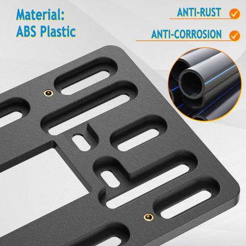 Universal Front License Plate Bracket Mount Kit With Anti Theft Stainless Steel Screws And Bolt Caps For Cars Without Pre Drilled Holes Easy Install Front Bumper Tag Adapter, showing ABS plastic material and anti-corrosion features.