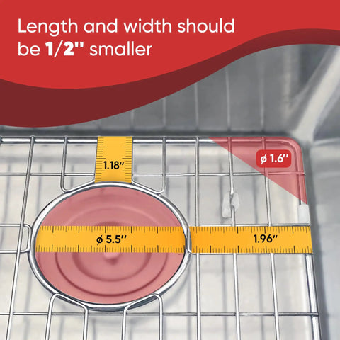 Close-up of Stainless Steel Sink Grid Protector for Kitchen Sink 13x16 Inches showing measurement guidelines for accurate fit.
