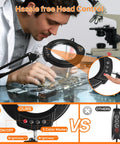 Man using 10X Magnifying Glass With Light And Stand, 84 LEDs, 2 In 1 Magnifier Lamp With Clamp, Five Color Stepless Dimmable Modes