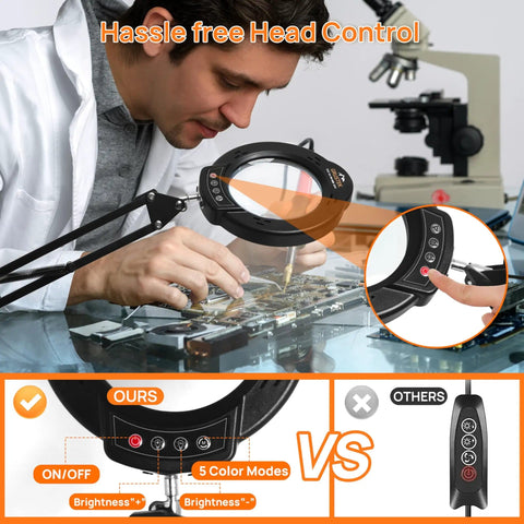 Man using 10X Magnifying Glass With Light And Stand, 84 LEDs, 2 In 1 Magnifier Lamp With Clamp, Five Color Stepless Dimmable Modes