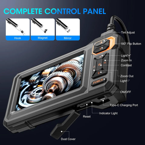 Pro Grade Single Lens Endoscope Camera With Light 1080P Borescope control panel showing 4.3 inch IPS screen and buttons
