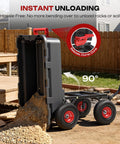 Heavy Duty Garden Dump Cart For Yard Farm And Garden Hauling With 900 Lb Capacity And 10 Inch Non Slip Pneumatic Tires Quick Release System shown unloading soil