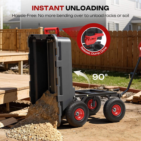 Heavy Duty Garden Dump Cart For Yard Farm And Garden Hauling With 900 Lb Capacity And 10 Inch Non Slip Pneumatic Tires Quick Release System shown unloading soil