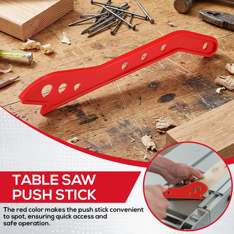 Red Table Saw Push Stick For Woodworking on workbench, ergonomic handle design, hand protection safety accessory for safer cuts.