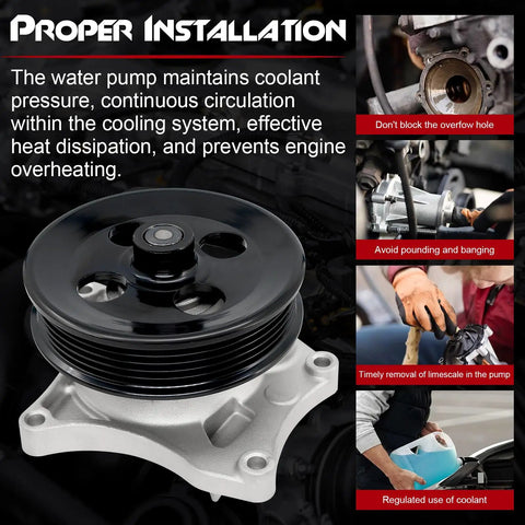 Engine Water Pump With Gasket Pulley Replacement For Chevy Cruze Equinox Malibu Spark GMC Terrain Buick Encore Direct Fit And OEM Style Gasket Pulley Included 12667387 shown with instructional installation text.