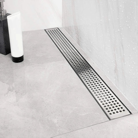 36 Inch Offset Linear Shower Drain With Side Outlet And Quadrato Grate Cover Brushed 304 Stainless Steel installing