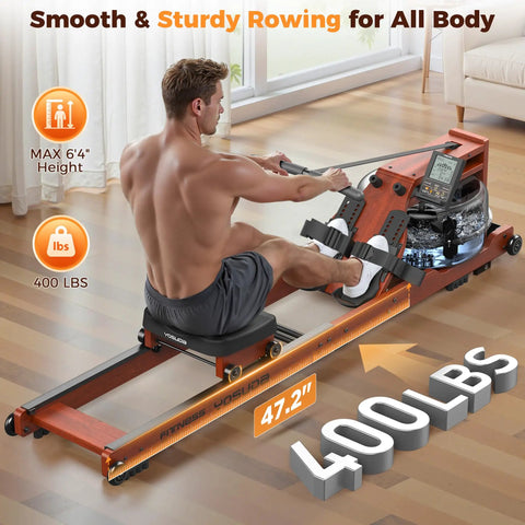 Man using water rowing machine for home gym with foldable wooden frame 400 lb capacity quiet ergonomic seat immersive water resistance built in monitor and Bluetooth app sync smooth full body cardio rower low maintenance, side view.