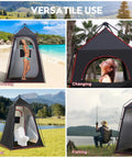 Four uses of Camping Shower Tent For Privacy On The Go, Spacious 63 Inch Square Shower And Changing Shelter With Floor shown outdoors