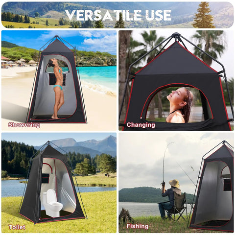 Four uses of Camping Shower Tent For Privacy On The Go, Spacious 63 Inch Square Shower And Changing Shelter With Floor shown outdoors