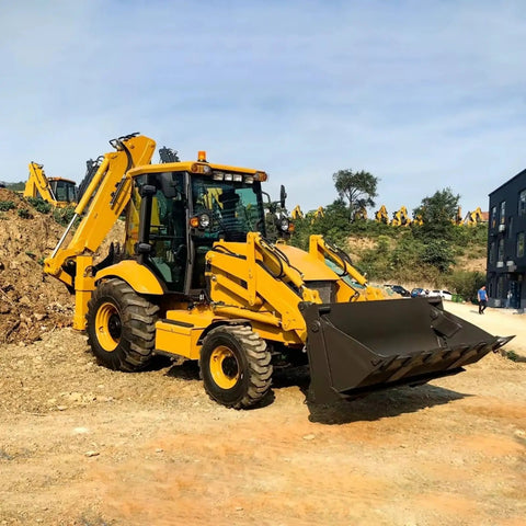 Powerful Backhoe Loader With Attachments For Construction And Farm Use in action at a jobsite with folding bucket visible