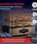 Compact 5 Tray Food Dehydrator With Digital 48 Hour Timer And Adjustable Temperature Up To 167 Degrees displaying racks of drying fruits.