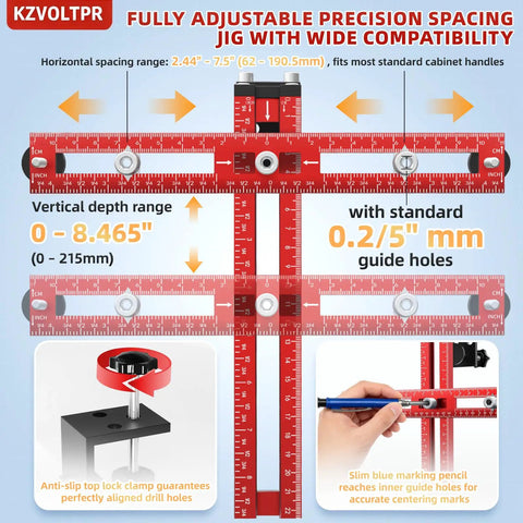 Foldable Boss Level Cabinet Hardware Jig With Pro Carpenter Pencil, Adjustable Drawer Pull And Door Hinge Template, Heavy Duty Aluminum Drill Guide shown with adjustable measurements.