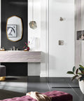 Modern bathroom with Genta LX Brushed Nickel Two-Handle Three-Hole Widespread Bathroom Sink Faucet With Drain Assembly Valve Required.