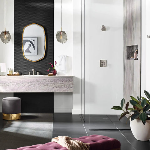 Modern bathroom with Genta LX Brushed Nickel Two-Handle Three-Hole Widespread Bathroom Sink Faucet With Drain Assembly Valve Required.