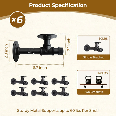 Industrial Pipe Shelf Brackets 6.7 Inch Set Of 6 Iron L Pipe Shelving Wall Floating Brackets For 6 To 12 Inch Boards diagram