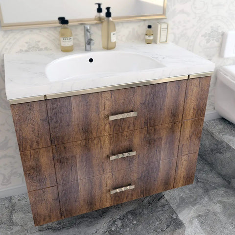 Bathroom cabinet with Wood Grain Peel And Stick Contact Paper DIY Friendly Self Adhesive Removable Brown Wood Wallpaper.