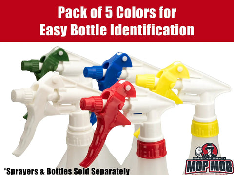 Leak-Free Industrial Spray Heads 10-Pack Built Different Chemical Resistant Trigger Fits 24-OZ Bottle Zero-Drip Design for Car Detailing, Window Washing, and Janitorial Heavy-Duty Workhorse Pro Kit in five colors for easy identification.