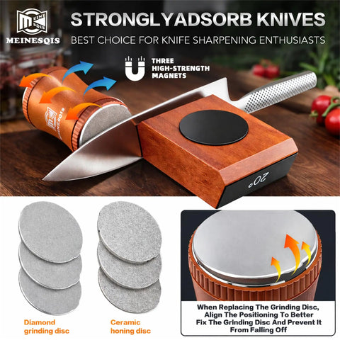 Rolling Knife Sharpener Kit With Diamond And Ceramic Discs, Magnetic Angle Guide for 15 Degree and 20 Degree Sharpening in use
