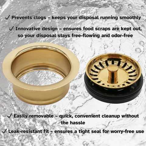 Three And One Half Inch Extra Deep Collar Kitchen Sink Waste Disposal Flange With Built In Strainer Stopper Polished Brass