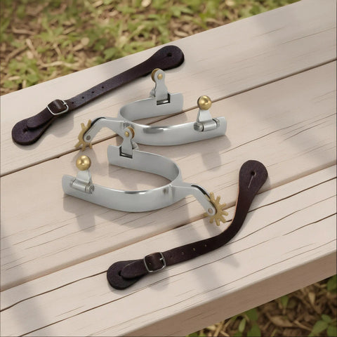 Two Piece Horse Spurs Set For Cowboy Boots With Adjustable Leather Spur Straps on wooden surface, stainless steel, copper gears.