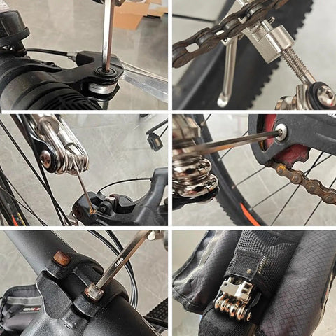 17 In 1 Bike Multi Tool Kit With Chain Breaker Ergonomic And Beefy Lightweight MTB Repair Kit in use on various bike parts