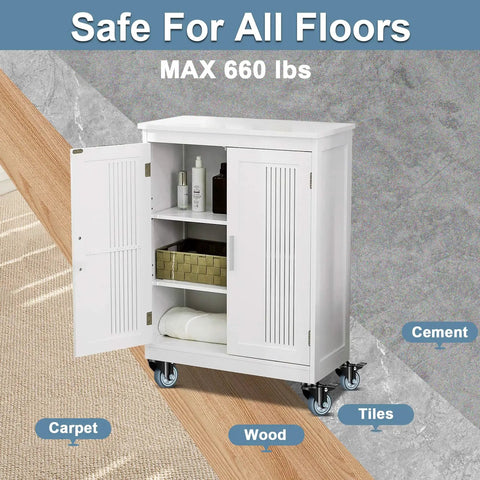 Heavy Duty Swivel Caster Wheels Set Of 4 With Dual Locking Brakes And 2 Inch Industrial Casters on a storage cabinet with doors.