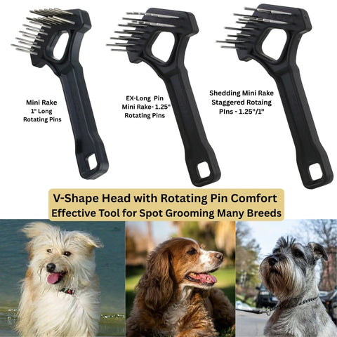 Three black Undercoat Dematting Mini Rakes for Doggos and Kitties with V Shape Head and Double Row Stainless Steel Rotating Teeth