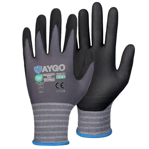MicroFoam Nitrile Coated Seamless Knit Work Gloves For Men And Women, 25 Percent Thinner Nitrile Coating For Slimmer Feel, Crazy Dexterity And All Day Comfort, 60 Pairs KG18NB, Great For Automotive, Warehouse, Construction, Gray Medium, front and back view
