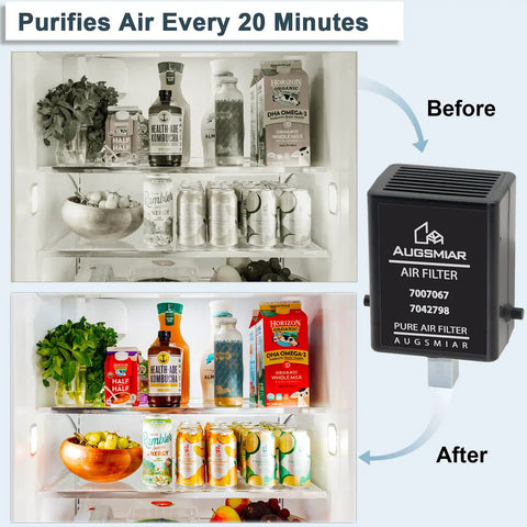 Air Purification Cartridge Replacement For Refrigerator 7042798 7007067 Keeps Food Fresh Every 20 Minutes With Filter Duo Replaces 7007067 And 7042798 No Fuss Install For Your Kitchen shown with before and after fridge contents.