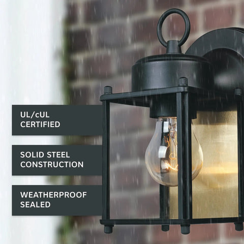 Close-up of 8 Inch Outdoor Wall Lantern Sconce In Black Finish For Front Door Patio And Porch Exterior Light Fixture, wet rated