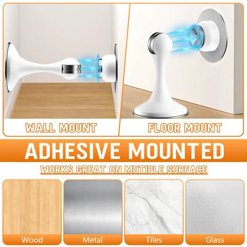 Two Pack Magnetic Door Stoppers Set Stainless Steel Wall And Floor Mount No Drilling Door Stop With 3D Adhesive Tapes